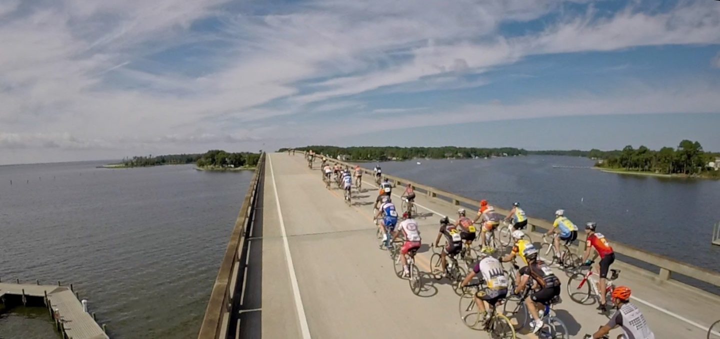 Cyclists riding over the Oriental bridge during the BikeMS event.