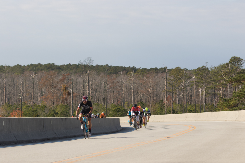 Cyclists riding up the Hobucken bridge during the annual Chuck FONDEAUX! cycling epic.