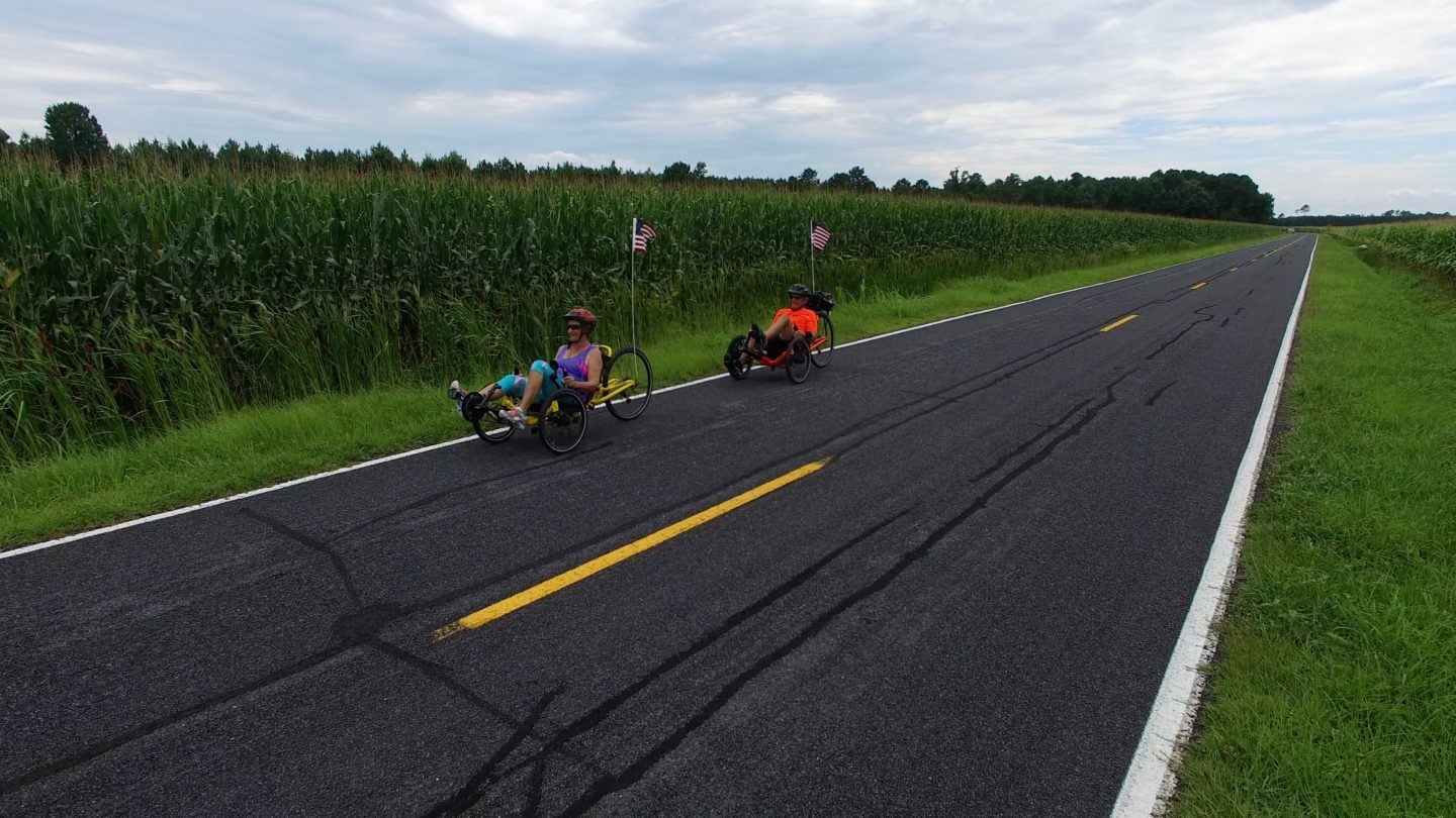 Couple riding recumbent trikes around Pamlico County.